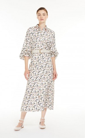 MaxMara Printed Silk Shirt Dresses WHITE BLACK | MMR593346