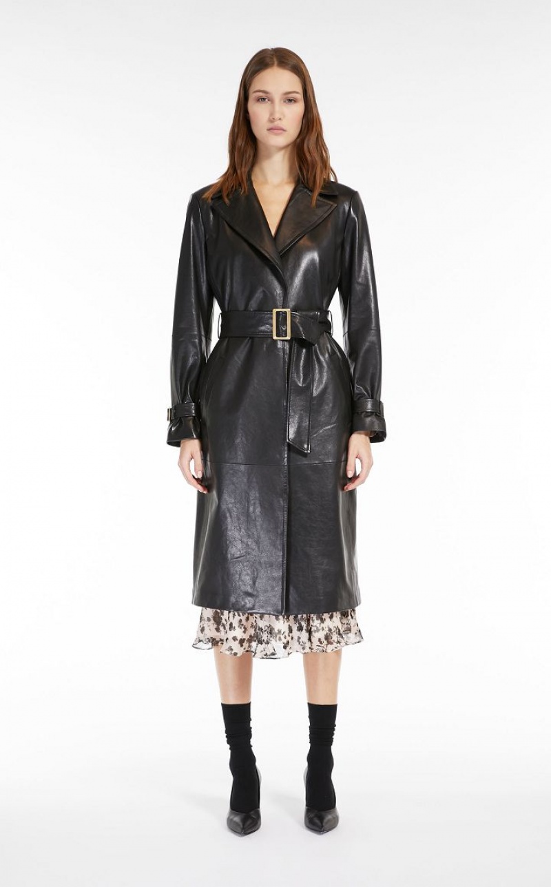 MaxMara Belt-adorned Nappa Overcoat Leather BLACK | MMR594019