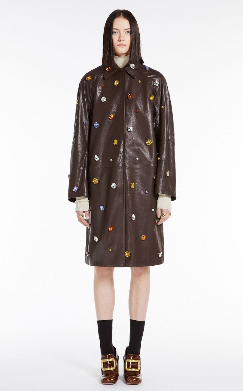 MaxMara Coat In Nappa With Crystals Leather DARK BOWN | MMR594016