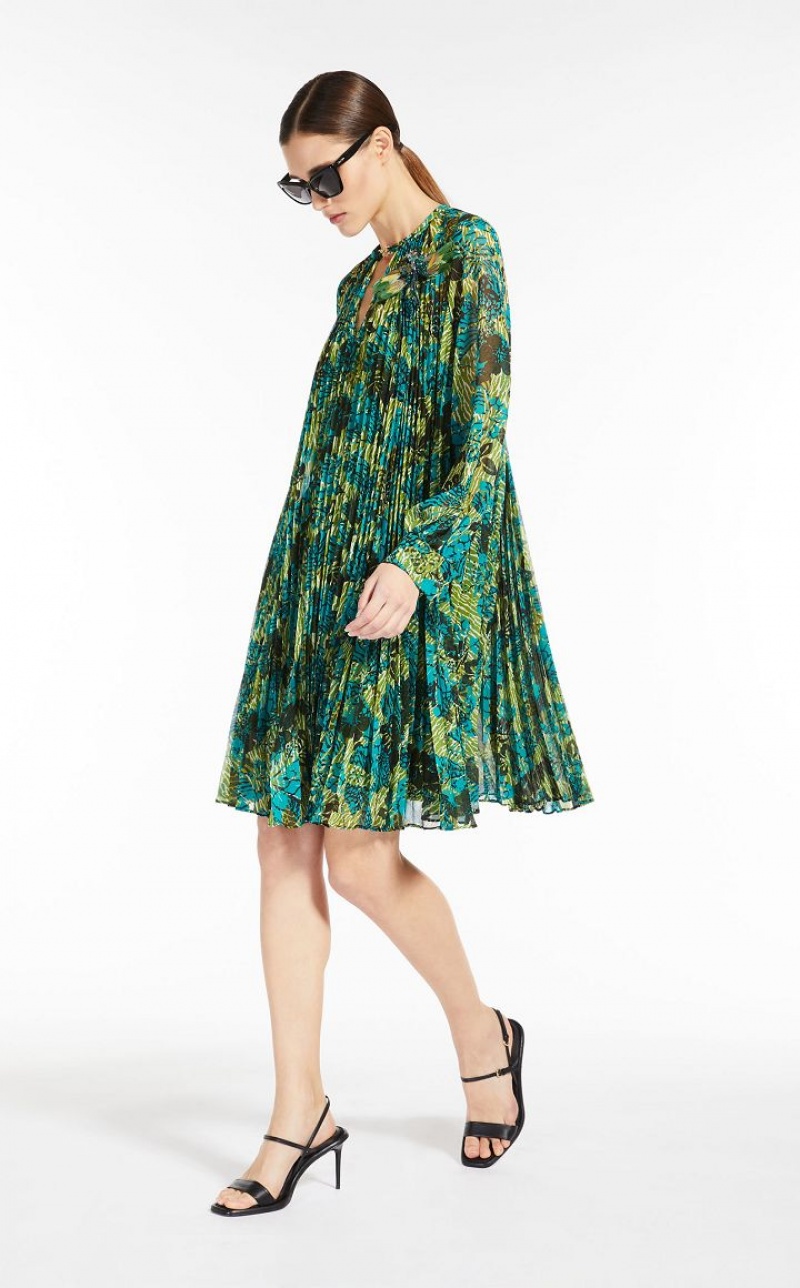 MaxMara Printed Pleated Georgette Dresses LEMON | MMR593363