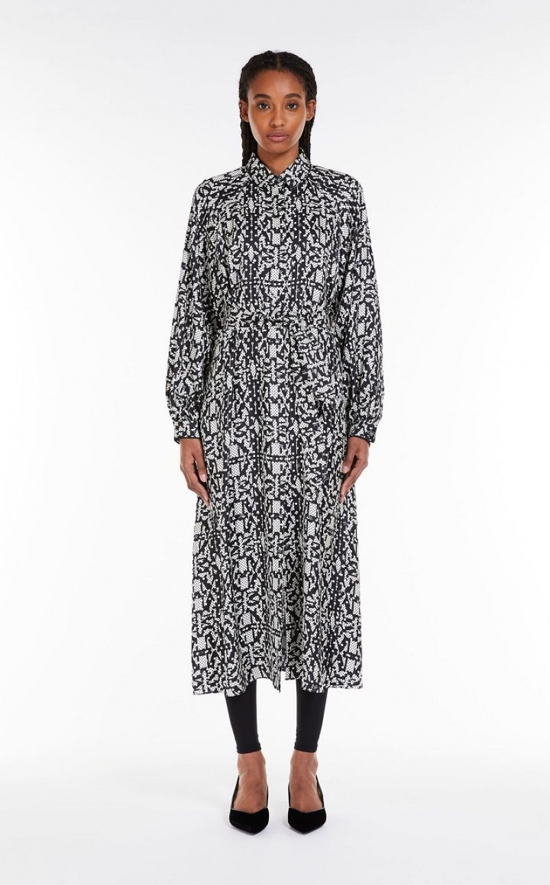 MaxMara Printed Silk Shirt Dresses WHITE BLACK | MMR593314