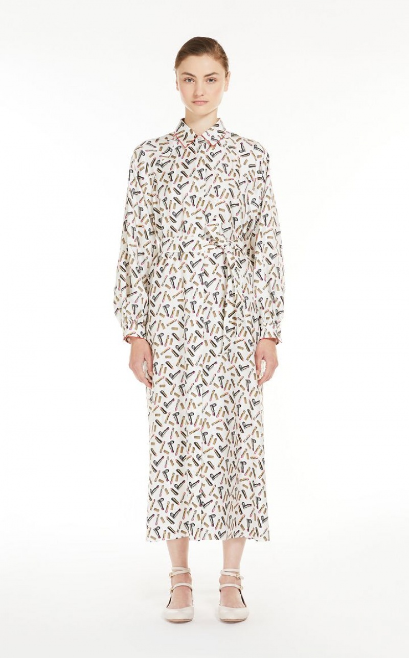 MaxMara Printed Silk Shirt Dresses WHITE BLACK | MMR593346